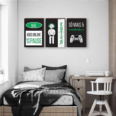 Trio de quadros decorativos infantil MÃ£e jogo online nÃ£o tem pause + Gamer + SÃ³ mais 5 minutinhos - verde [BOX DE MADEIRA]