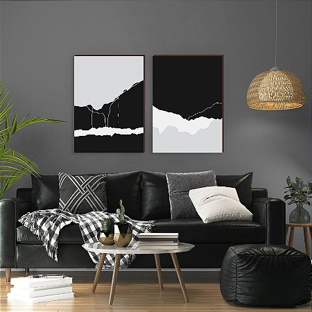 Dupla de quadros decorativos Abstrato minimalista - preto e branco [BOX DE MADEIRA]
