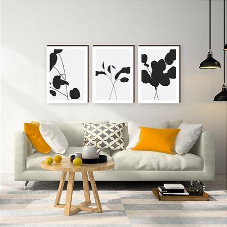 Trio de quadros decorativos Silhueta folhas - preto e branco [BOX DE MADEIRA]