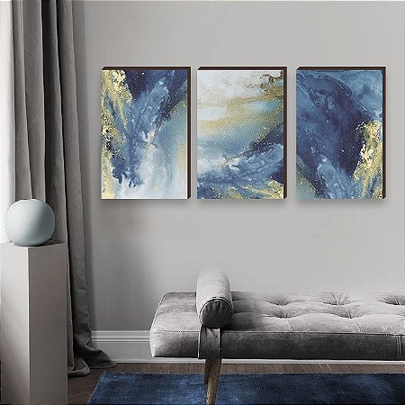Trio de quadros decorativos Abstrato artÃ­stico - azul e dourado [BOX DE MADEIRA]