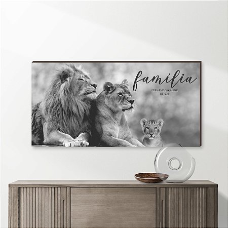 Quadro Decorativo Leão família horizontal 1 filhote PERSONALIZADO [box de madeira]