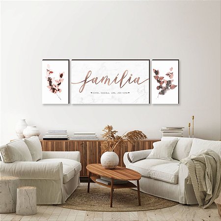 Trio de quadros decorativos Família personalizado marmorizado + Folhas rose [BOX DE MADEIRA]