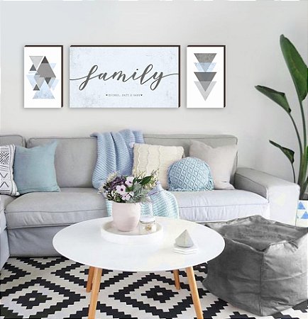 Trio de quadros decorativos Family personalizado + Geométricos - fundo azul [BOX DE MADEIRA]