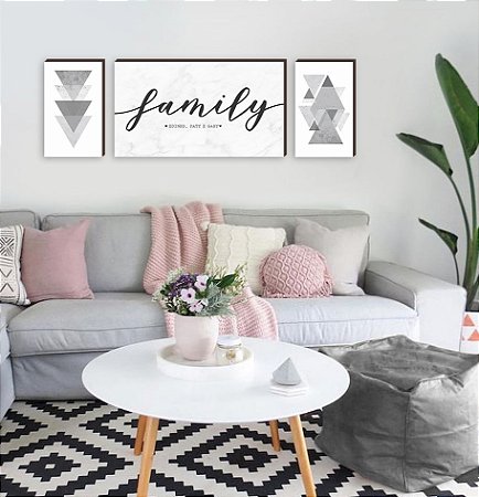 Trio de quadros decorativos Family personalizado marmorizado + Geométricos cinza [BOX DE MADEIRA]