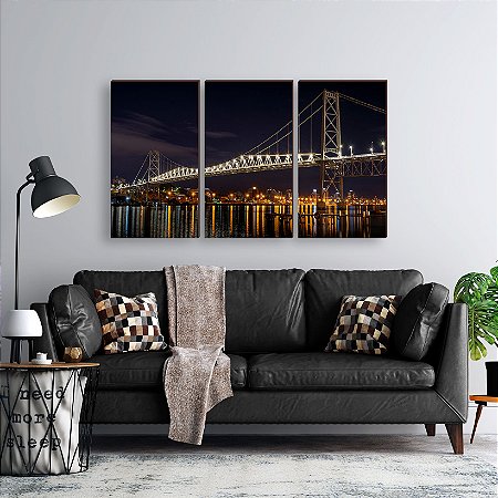 Trio de quadros decorativos paisagem Ponte Hercílio Luz [BOX DE MADEIRA]