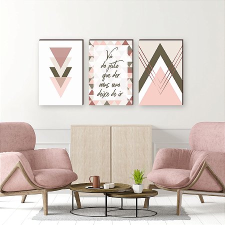 Trio de quadros decorativos Vá do jeito que der + Geométricos - rosa [BOX DE MADEIRA]