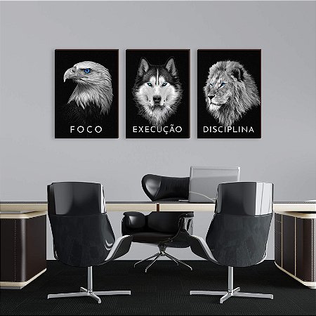 Trio de quadros decorativos Águia foco + Lobo execução + Leão disciplina [BOX DE MADEIRA]