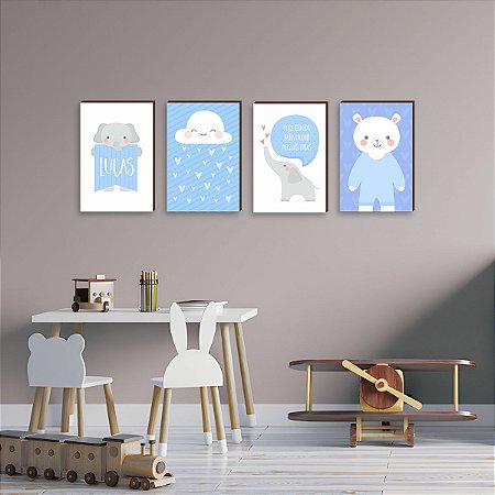 Quarteto de quadros infantil Nome + Nuvem + VocÃª chegou para mudar + Urso e elefante [BOX DE MADEIRA]