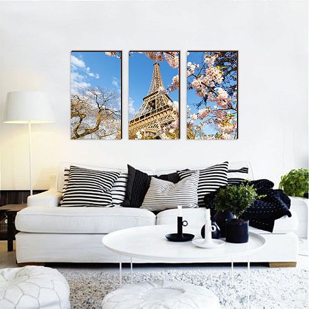 Trio de quadros decorativos paisagem Torre Eiffel Mod. 09 [BOX DE MADEIRA]