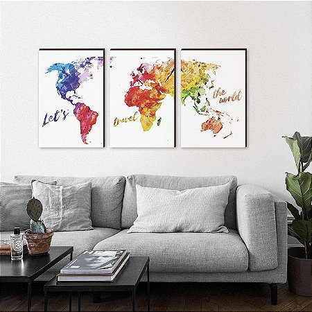 Trio de quadros decorativos Mapa Mundi - colorido [BOX DE MADEIRA]