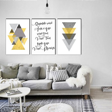 Trio de quadros decorativos GeomÃ©tricos + Quando vocÃª ama - amarelo [BOX DE MADEIRA]