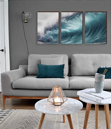 Trio de quadros decorativos paisagem Onda do mar [BOX DE MADEIRA]