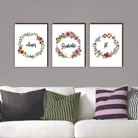 Trio de quadros decorativos Amor + GratidÃ£o + FÃ© [BOX DE MADEIRA]