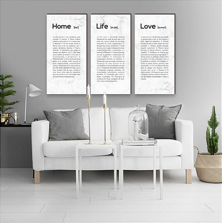 Trio de quadros decorativos Home + Life + Love branco marmorizado comprido [BOX DE MADEIRA]