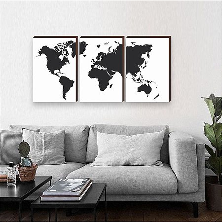 Trio de quadros decorativos Mapa Mundi - preto fundo branco [BOX DE MADEIRA]