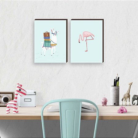 Dupla de quadros infantil Llama + Flamingo [boxdemadeira]