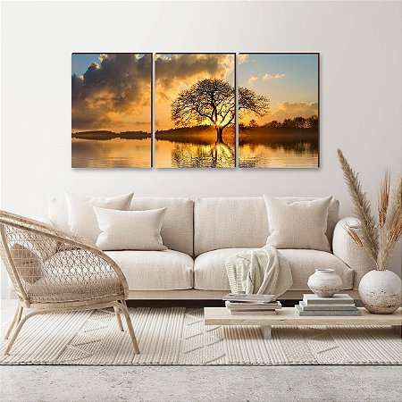 Trio de quadros decorativos paisagem Árvore ao entardecer [BOX DE MADEIRA]