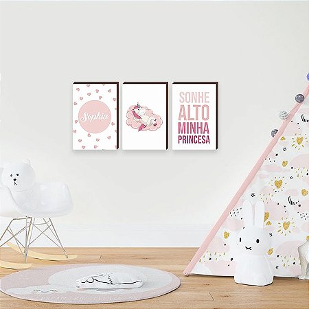 Trio de quadros decorativos infantil Nome + UnicÃ³rnio + Sonhe alto [BOX DE MADEIRA]