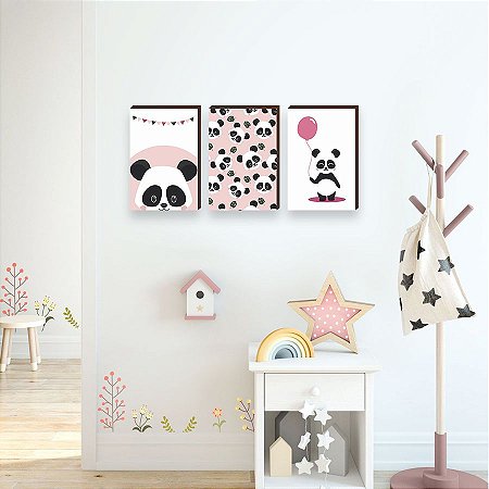 Trio de quadros decorativos infantil Panda Rosa [BOX DE MADEIRA]