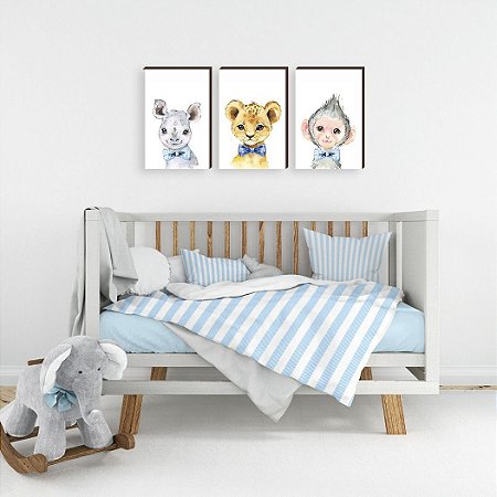 Trio de quadros decorativos infantil Rinoceronte + LeÃ£o + Macaco gravata [BOX DE MADEIRA]