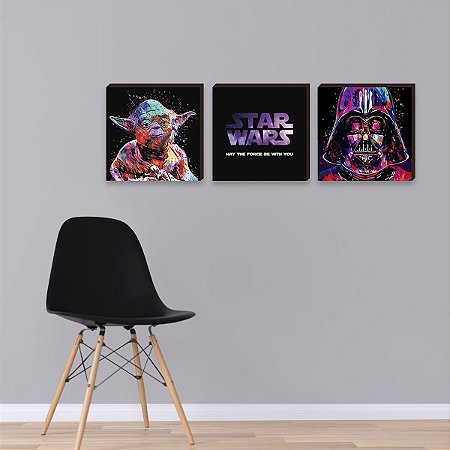 Trio de quadros decorativos infantil Star Wars aquarela - quadrado [BOX DE MADEIRA]