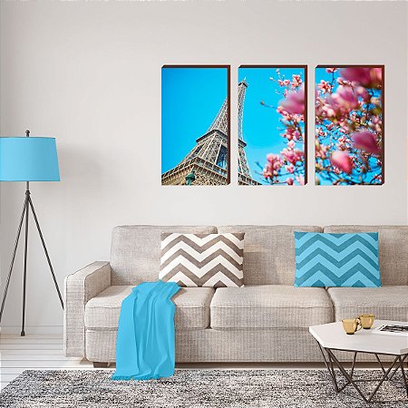 Trio de quadros decorativos paisagem Torre Eiffel Mod. 03 [BOX DE MADEIRA]