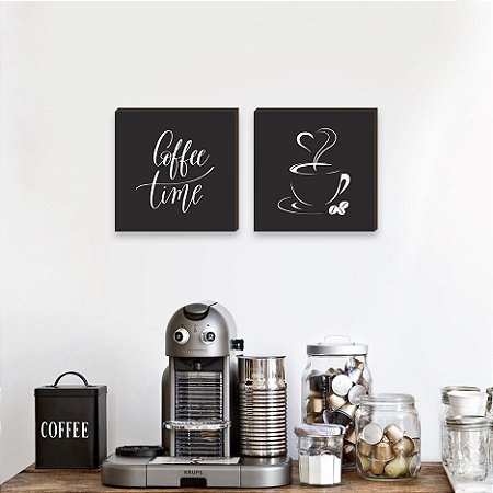Dupla de quadros para cozinha Coffee Time - Preto [Box de madeira]