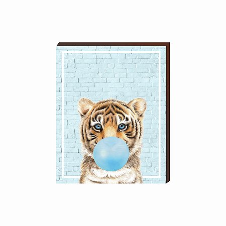 Quadro Animais Chiclete Realístico Tigre fundo e chiclete azul [BoxMadeira]
