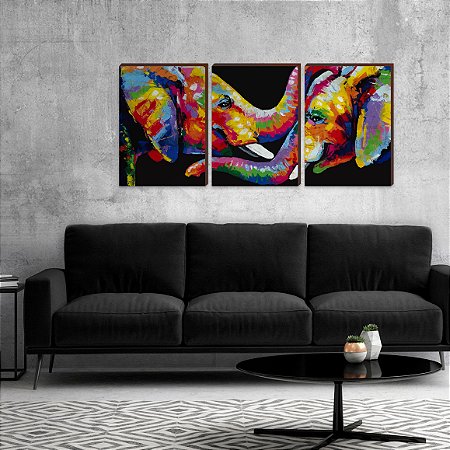 Trio de quadros decorativos Elefantes coloridos [BOX DE MADEIRA]