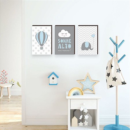 Trio de quadros decorativos infantil Sonhe alto + BalÃ£o + Elefante [BOX DE MADEIRA]