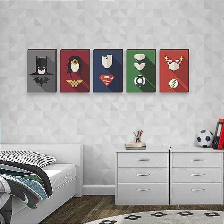 Quinteto de quadros decorativos infantil HerÃ³is Dc â€“ Batman, Mulher Maravilha, Superman, Lanterna verde, Flash [BOX DE MADEIRA]