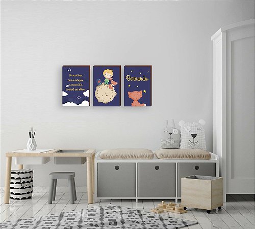 Trio de quadros decorativos infantil O Pequeno PrÃ­ncipe + Nome + SÃ³ se vÃª bem com o coraÃ§Ã£o [BOX DE MADEIRA]