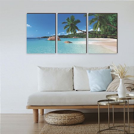 Trio de quadros decorativos paisagem Praia e coqueiros [BOX DE MADEIRA]