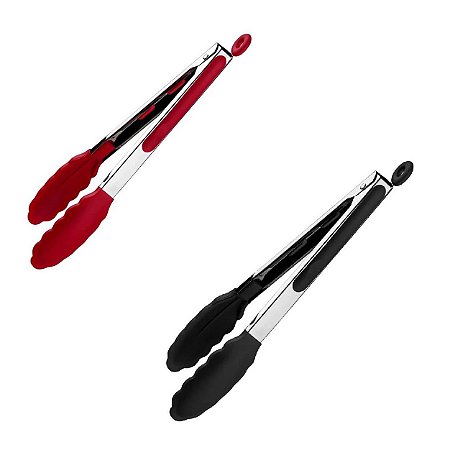 Pegador Multiuso de Alimentos  30cm_Churrasco Salada Fritura _Inox e Silicone  Preto ou Vermelho UP