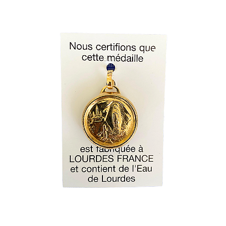 Medalha Redonda Bernadette na Gruta com Água da Gruta de Lourdes - Dourada
