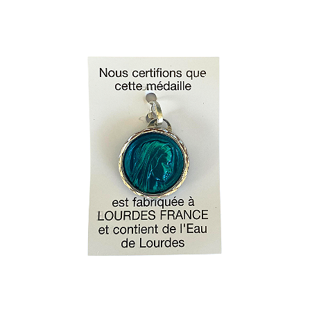 Medalha Original N. Senhora de Lourdes com Água da Gruta de Lourdes - Azul Redonda - Rosto de Nossa Senhora