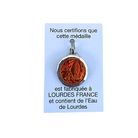 Medalha Original da Aparição de Lourdes com Água da Gruta de Lourdes - Redondo - Bernadette na Gruta - Laranja