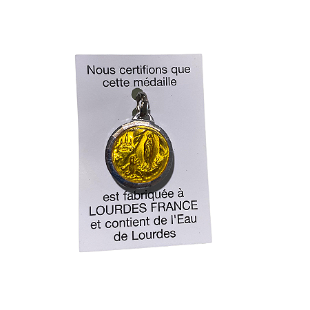 Medalha Original da Aparição de Lourdes com Água da Gruta de Lourdes - Redondo - Bernadette na Gruta - Amarelo