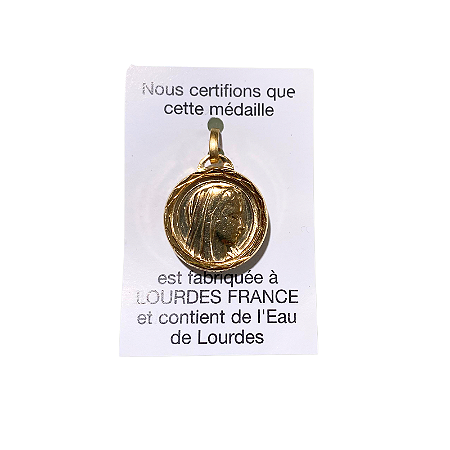 Medalha Original N. Senhora de Lourdes com Água da Gruta de Lourdes - Dourada - Rosto de Nossa Senhora