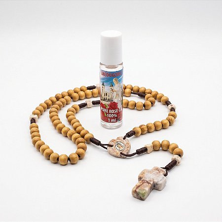 Kit: Terço Pedra com Madeira + Óleo de Rosas