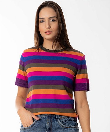 Blusa T-shirt de Tricot Animale Jeans Listras Colorida