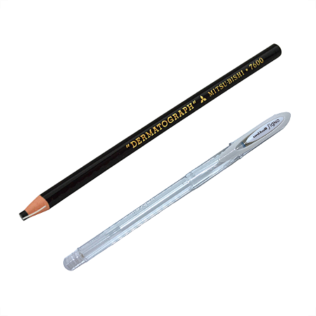 Lápis dermatográfico preto + caneta em gel branca