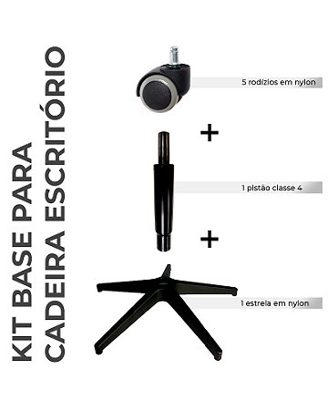 Kit Base Cadeira Escritório Rodízios, Estrela e Pistão
