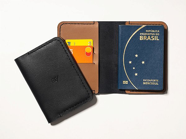 Capa para Caderneta e Passaporte - Couro Bicolor Preto e Caramelo