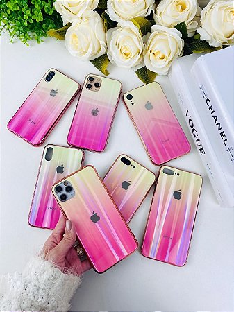 Capinha para Iphone arco iris de vidro AMARELA e ROSA - TK cases