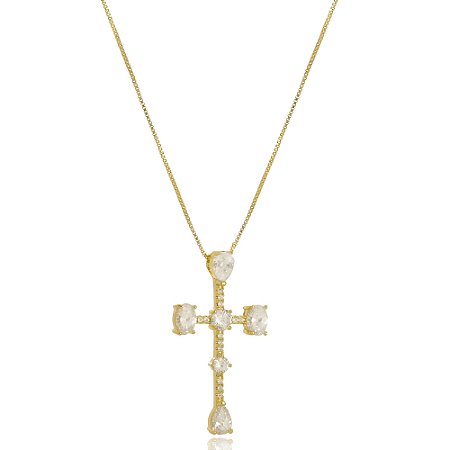Colar Crucifixo Cristal Di Capri Semi Jóias X Ouro