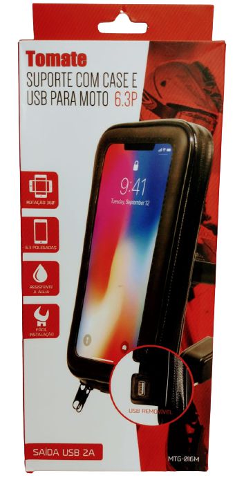 Suporte Celular Moto Carregador USB com Case Prova D'agua Rotação 6.3 Polegadas - Tomate