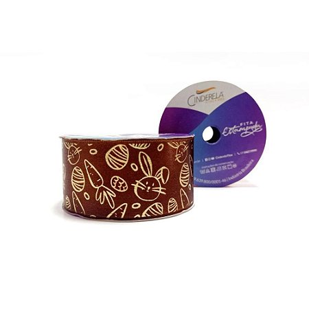 Fita de Cetim Pascoa 38MM 10M. Estampada Marrom
