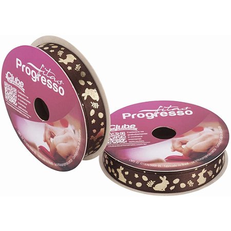Fita de Cetim Pascoa 15MM 10M. Coelhinhos MARR/OURO