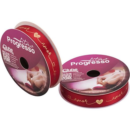 Fita de Cetim Decorada 15MM 10M. AMOR VERM/DOURADO